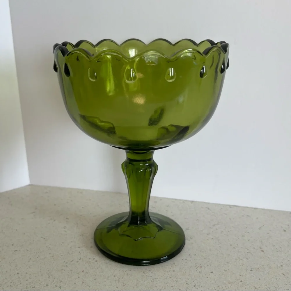 Vintage Pedestal Olive Green Indiana Glass Compote Candy Dish Bowl 7.5” X 5.5”